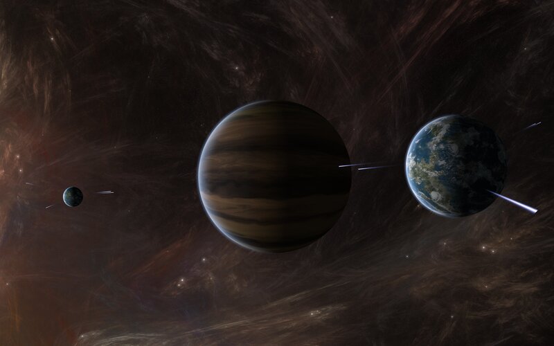 Planets in Space — Brown, Dramatic, Digital Art, Stars, Nebula, Spacecraft