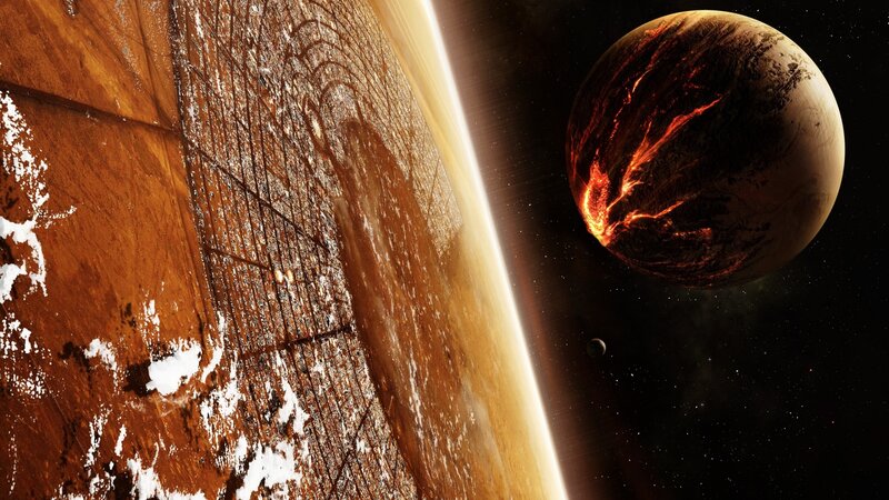 Planets in Space — Brown, Dramatic, Night, Digital Art, Stars, Moon, Black