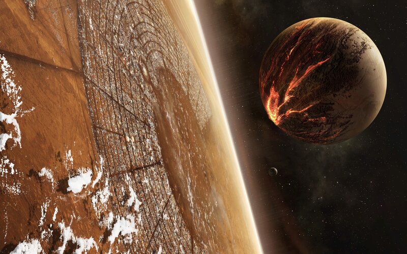 Planets in Space — Brown, Dramatic, Night, Digital Art, Stars, Moon, Lava, Orange