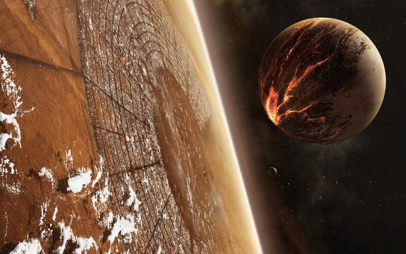 Planets in Space — Brown, Dramatic, Night, Digital Art, Stars, Moon