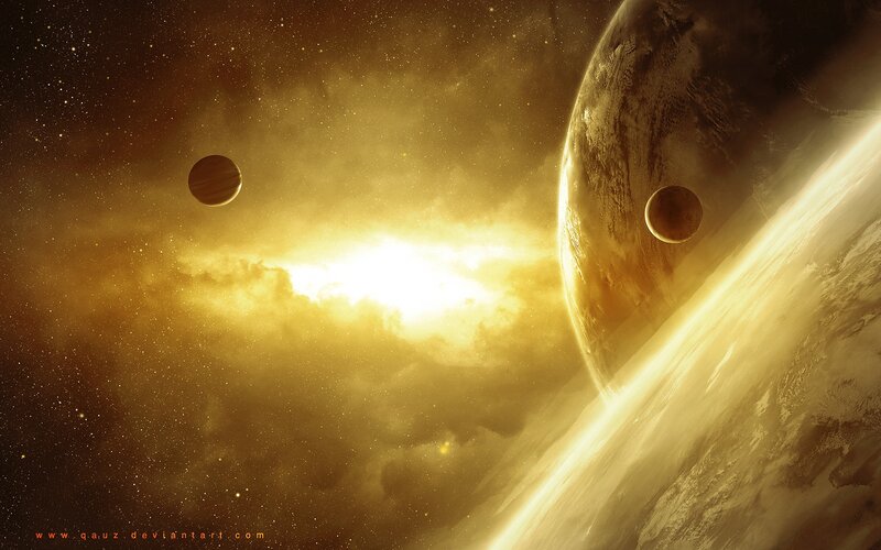 Planets in Space — Gold, Dramatic, Digital Art, Stars