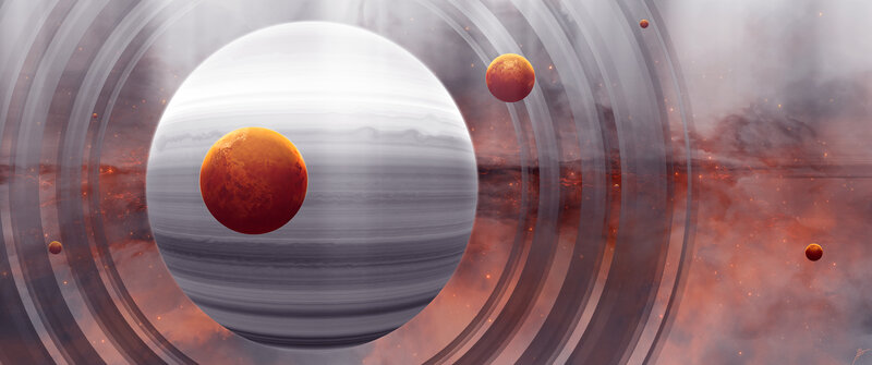 Planets in Space — Gray, Dramatic, Digital Art