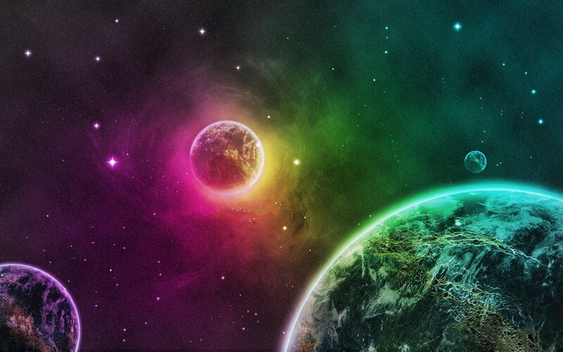 Planets in Space — Green, Cosmic, Digital Art, Stars, Nebula, Planet