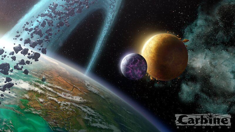 Planets in Space — Green, Dramatic, Digital Art, Asteroids