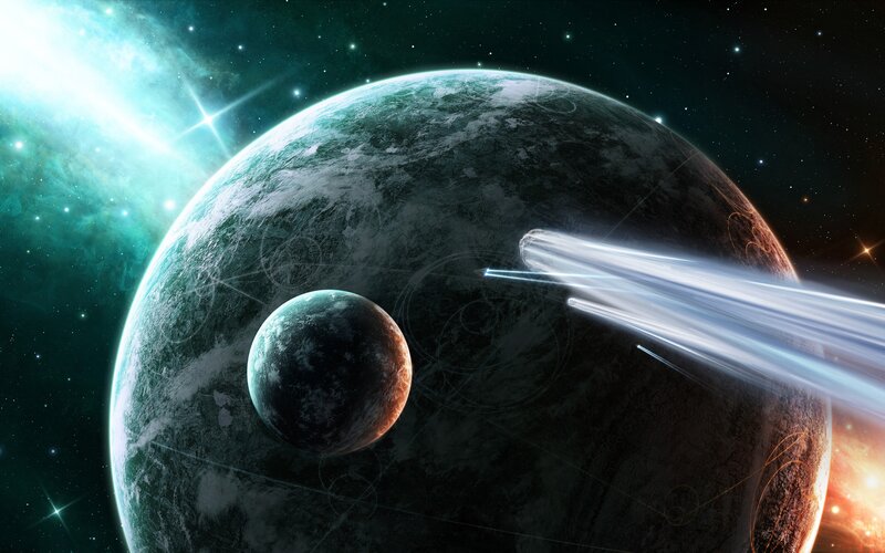 Planets in Space — Green, Dramatic, Digital Art, Moon
