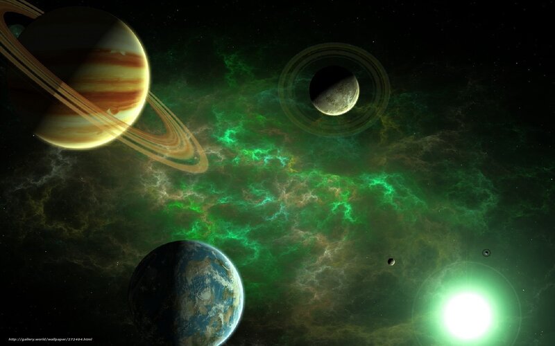 Planets in Space — Green, Dramatic, Digital Art, Nebula
