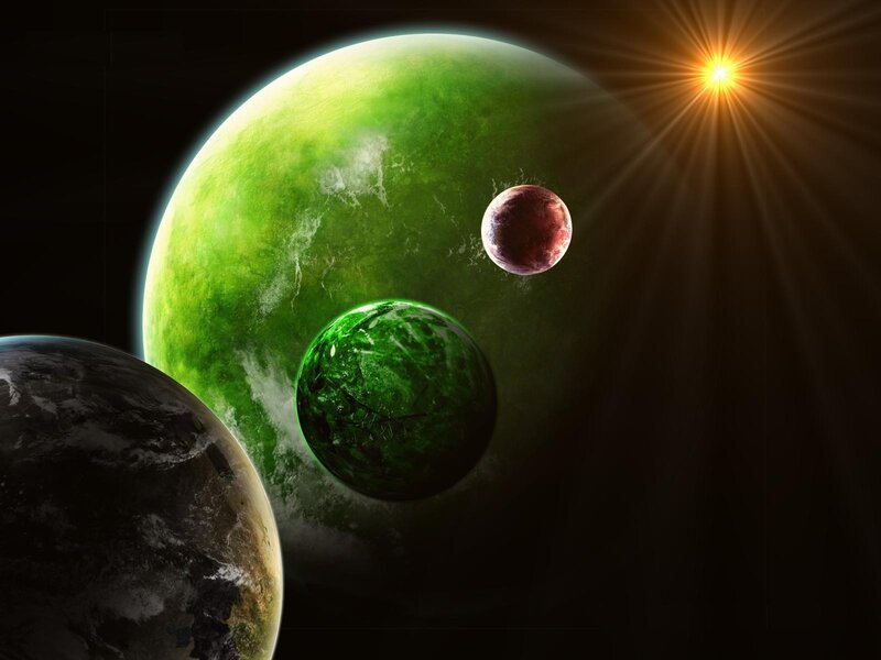 Planets in Space — Green, Dramatic, Digital Art, Star, Planet