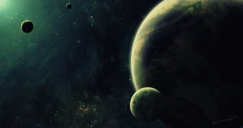 Planets in Space — Green, Dramatic, Digital Art, Stars, Moons