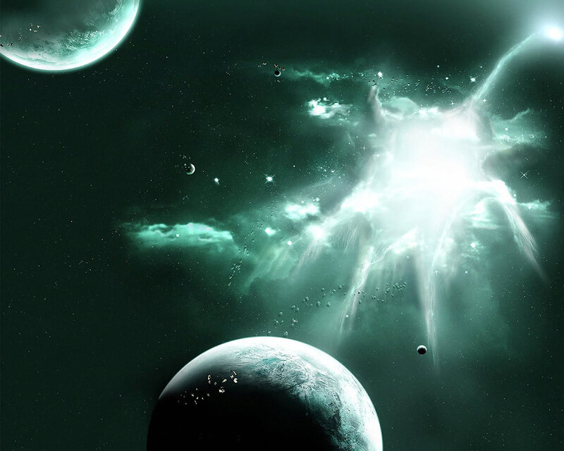 Planets in Space — Green, Dramatic, Digital Art, Stars, Nebula, Asteroids