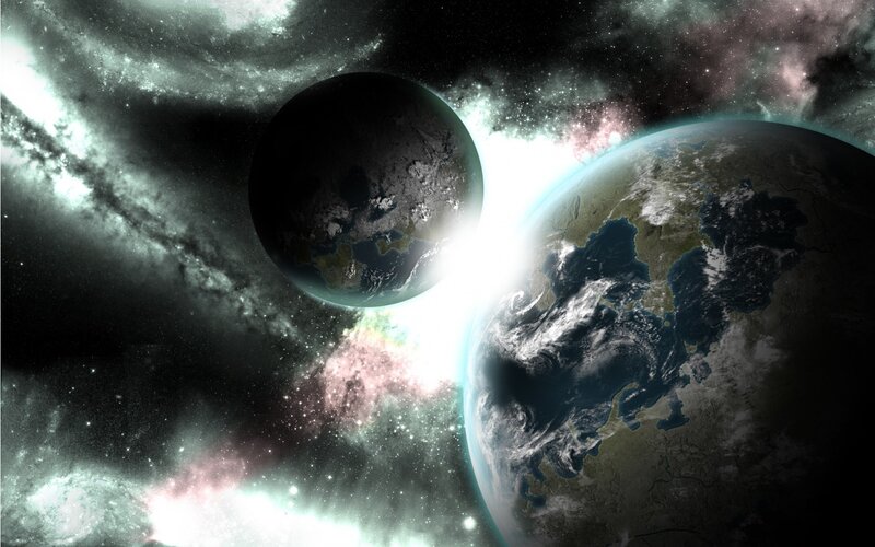 Planets in Space — Green, Dramatic, Digital Art, Stars, Nebula, Black, White