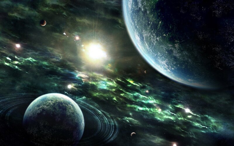 Planets in Space — Green, Dramatic, Digital Art, Stars, Nebula, Moon, Blue