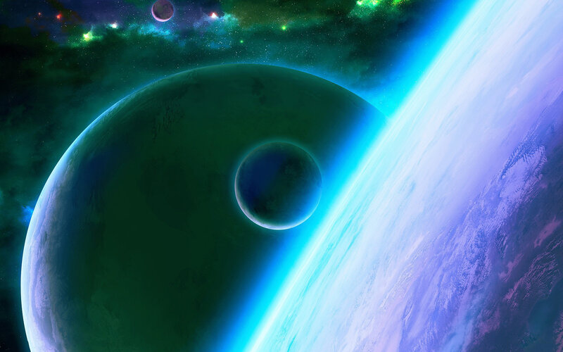 Planets in Space — Green, Dramatic, Digital Art, Stars, Nebula, Moon