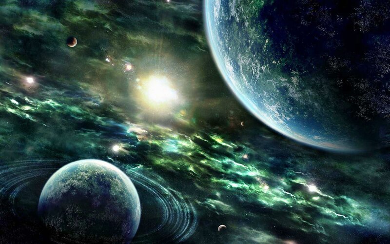 Planets in Space — Green, Dramatic, Digital Art, Stars, Nebula, Moons
