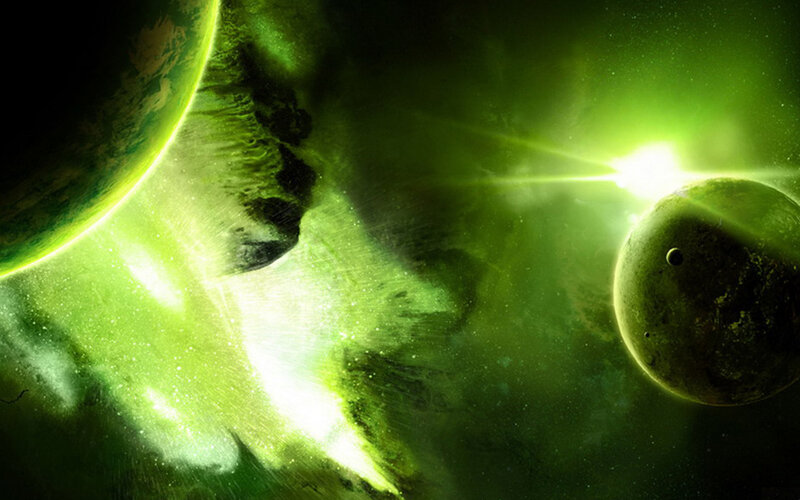 Planets in Space — Green, Dramatic, Digital Art, Stars, Nebula, Planet