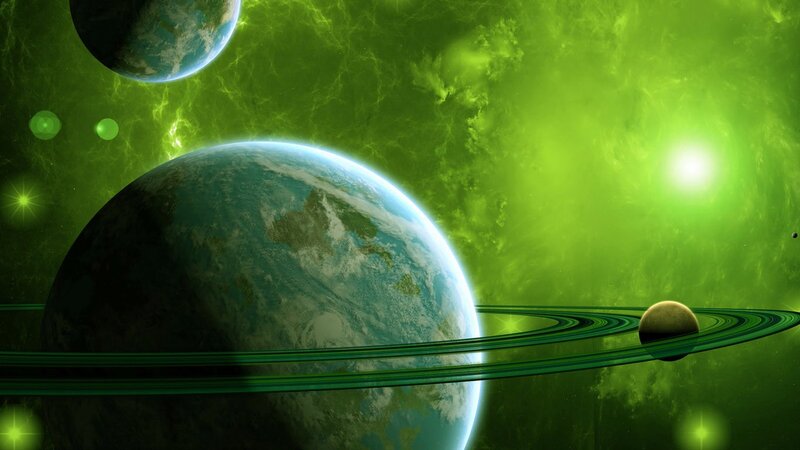 Planets in Space — Green, Dramatic, Digital Art, Stars, Nebula, Rings