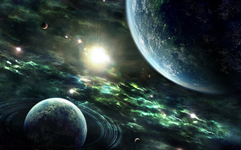 Planets in Space — Green, Dramatic, Digital Art, Stars, Nebula, Satellite