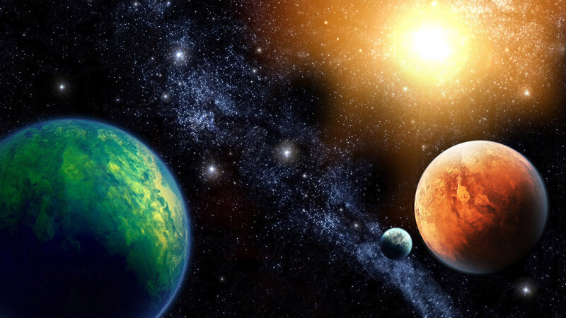 Planets in Space — Green, Dramatic, Digital Art, Stars, Sun
