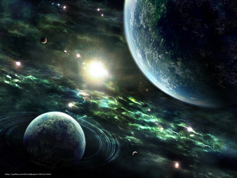 Planets in Space — Green, Dramatic, Digital Art, Stars