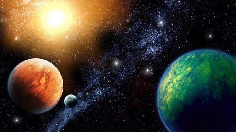 Planets in Space — Green, Dramatic, Digital Art, Sun, Stars