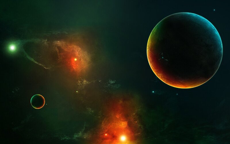 Planets in Space — Green, Dramatic, Night, Digital Art, Nebula, Stars
