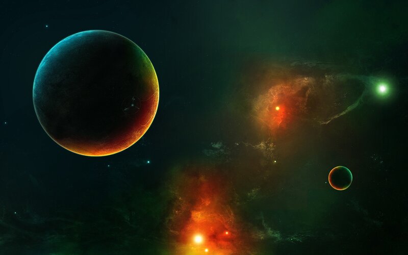Planets in Space — Green, Dramatic, Night, Digital Art, Nebula