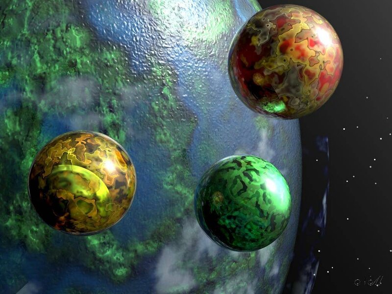 Planets in Space — Green, Dramatic, Night, Digital Art, Stars, Clouds, Blue