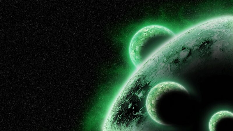 Planets in Space — Green, Dramatic, Night, Digital Art, Stars, Green Glow