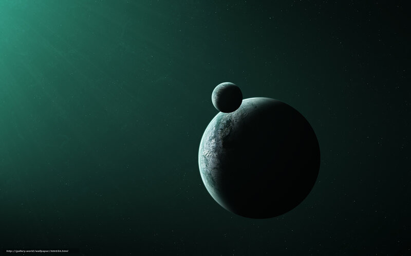 Planets in Space — Green, Dramatic, Night, Digital Art, Stars, Moon
