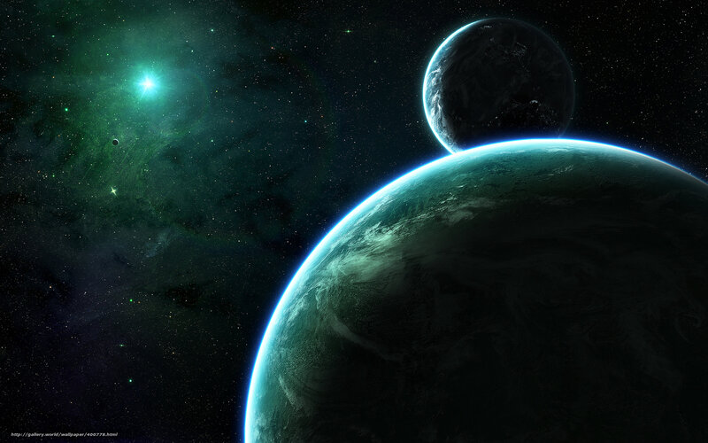 Planets in Space — Green, Dramatic, Night, Digital Art, Stars, Nebula
