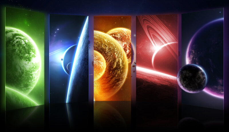 Planets in Space — Green, Dramatic, Night, Digital Art, Stars