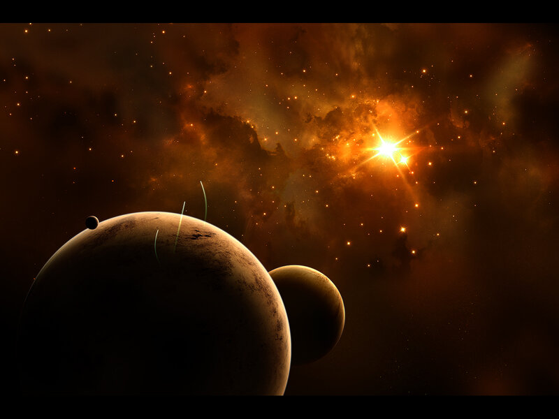 Planets in Space — Orange, Dramatic, Digital Art, Star, Nebula