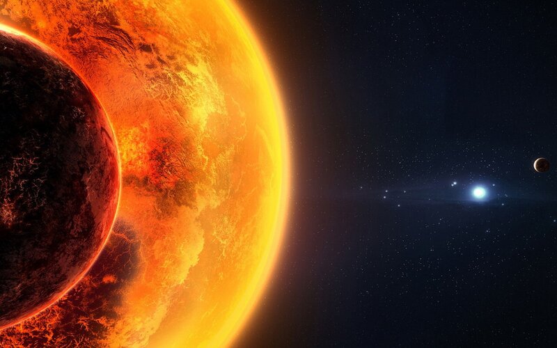 Planets in Space — Orange, Dramatic, Digital Art, Star, Planet, Black, Blue