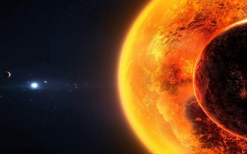 Planets in Space — Orange, Dramatic, Digital Art, Star, Planet, Moon