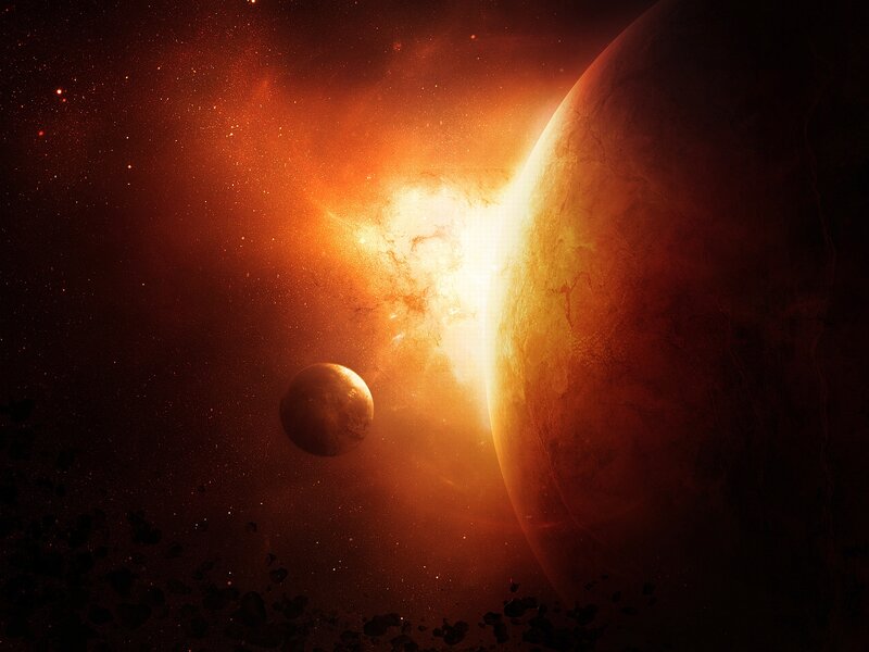 Planets in Space — Orange, Dramatic, Digital Art, Stars, Asteroids, Nebula
