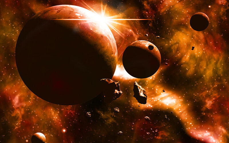 Planets in Space — Orange, Dramatic, Digital Art, Stars, Asteroids