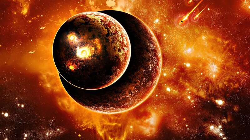 Planets in Space — Orange, Dramatic, Digital Art, Stars, Comet, Nebula