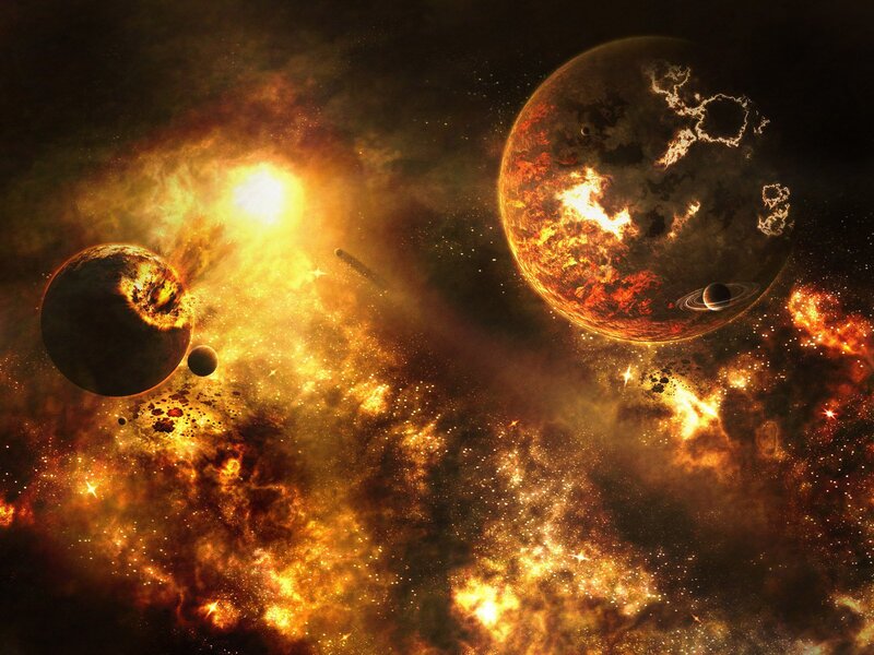 Planets in Space — Orange, Dramatic, Digital Art, Stars, Nebula, Asteroids, Black