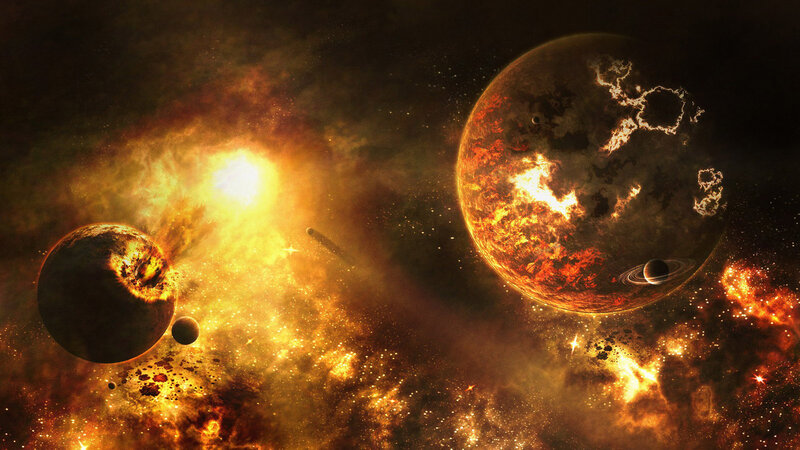 Planets in Space — Orange, Dramatic, Digital Art, Stars, Nebula, Asteroids