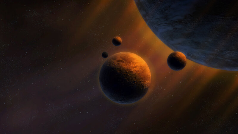 Planets in Space — Orange, Dramatic, Digital Art, Stars, Planet, Moon