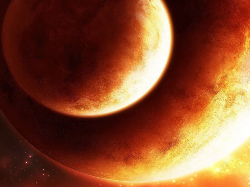 Planets in Space — Orange, Dramatic, Digital Art, Stars, Red