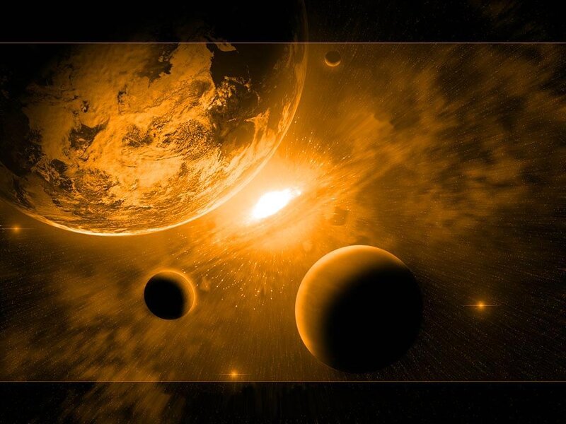 Planets in Space — Orange, Dramatic, Digital Art, Stars, Sun, Black