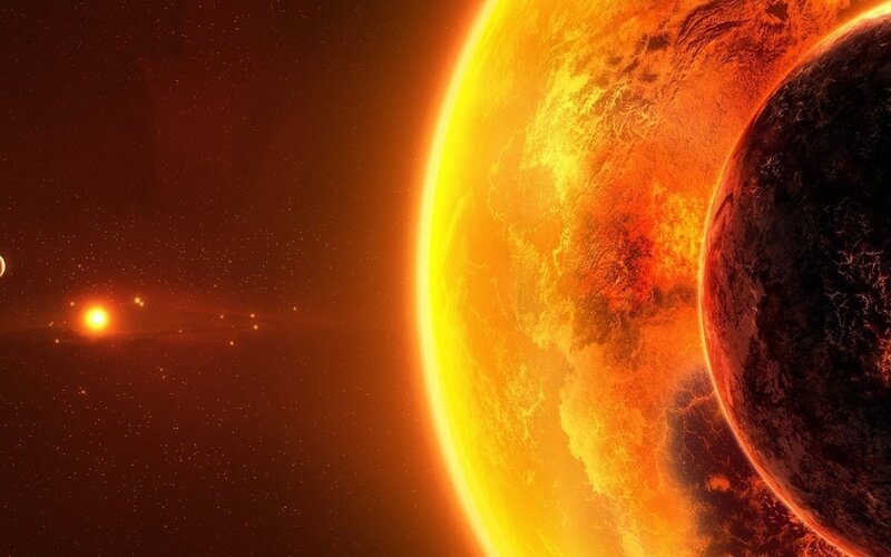 Planets in Space — Orange, Dramatic, Digital Art, Stars, Sun