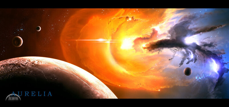 Planets in Space — Orange, Dramatic, Digital Art, Stars