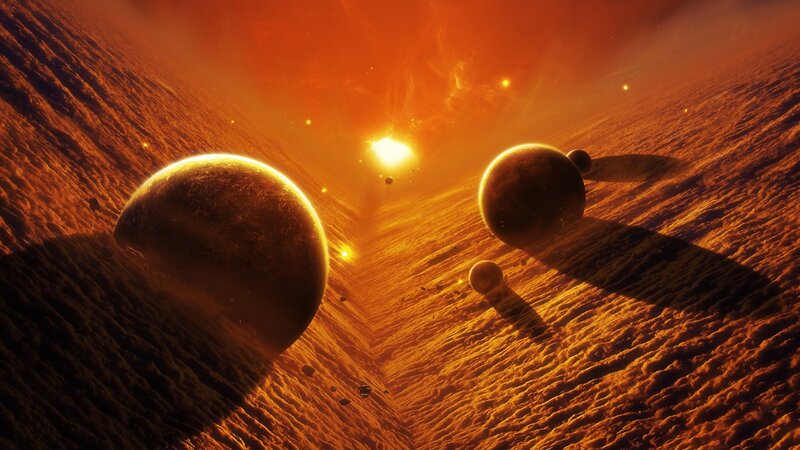 Planets in Space — Orange, Dramatic, Digital Art, Sun