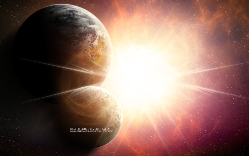 Planets in Space — Orange, Dramatic, Digital Art