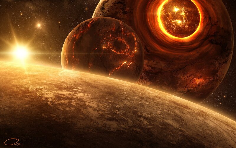 Planets in Space — Orange, Dramatic, Sunset, Digital Art, Stars