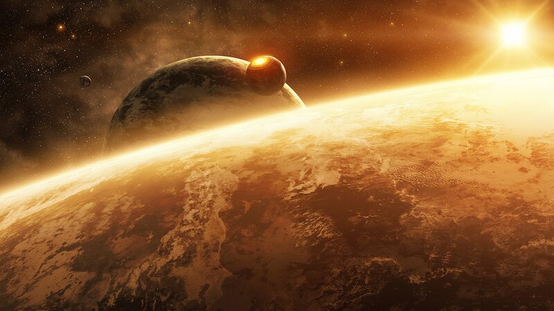 Planets in Space — Orange, Dramatic, Sunset, Digital Art, Sun, Stars