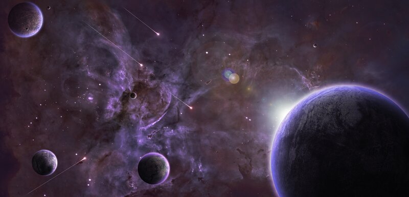 Planets in Space — Purple, Cosmic, Digital Art, Nebula, Stars, Comet, Black
