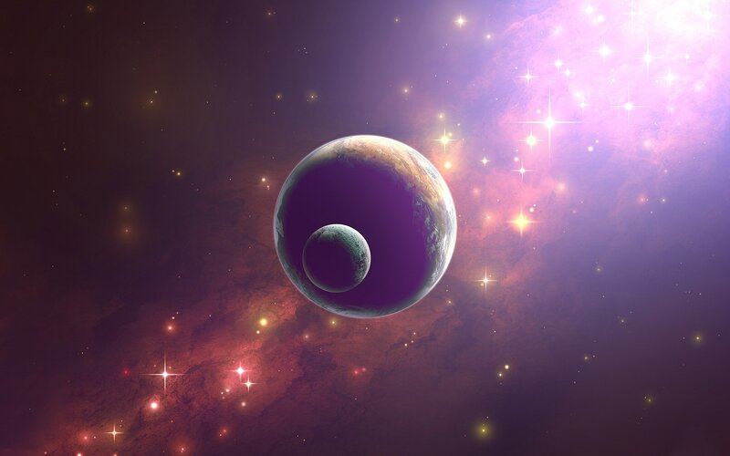 Planets in Space — Purple, Cosmic, Digital Art, Stars, Nebula, Moon, Pink