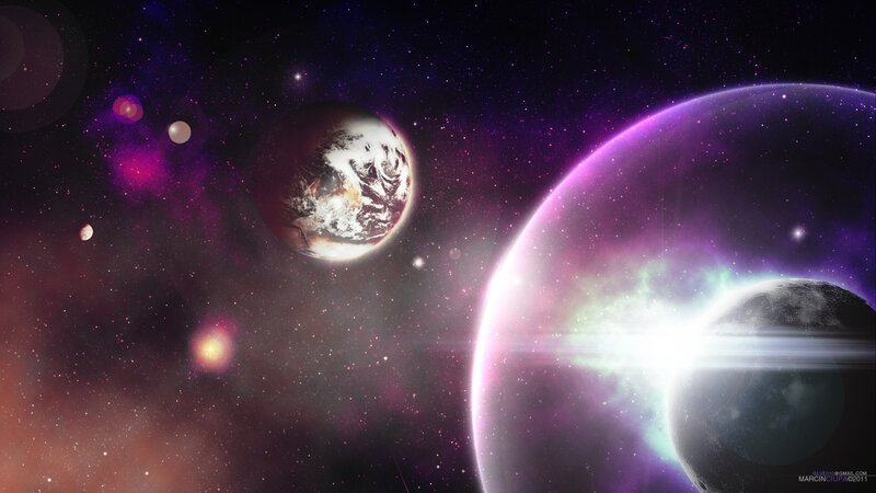 Planets in Space — Purple, Cosmic, Digital Art, Stars, Nebula, Planet, Black, White